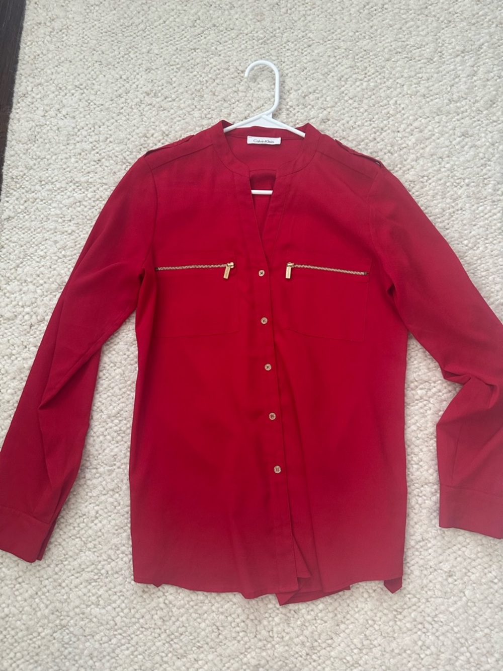 Calvin Klein Red Blouse Gold Zipper Detail Long Sleeve Top